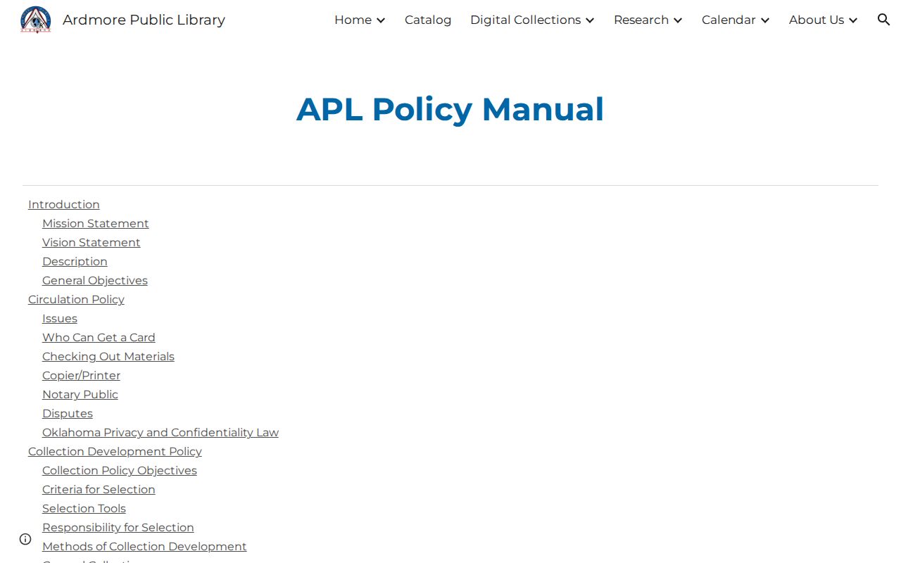 Ardmore city directory research access in the Ardmore Library policy manual