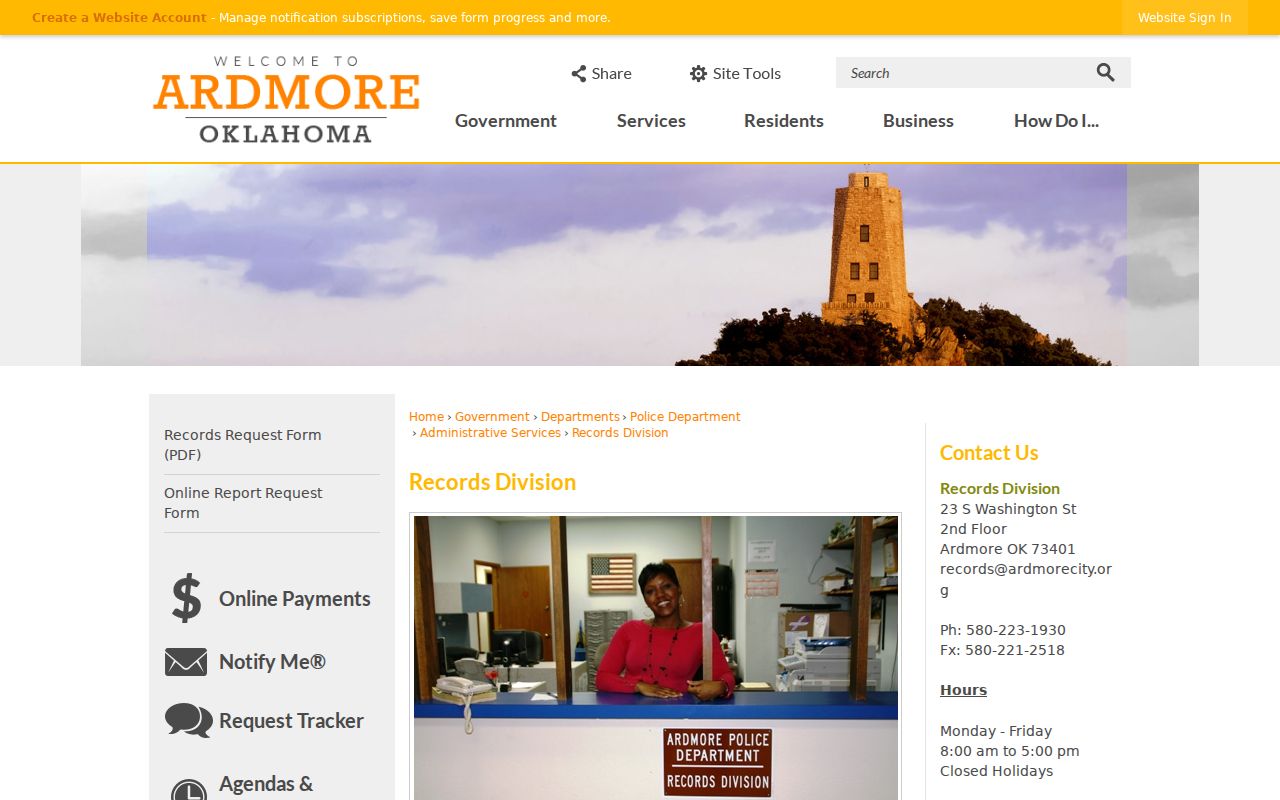 Ardmore resident lookup image of the Ardmore Police Records Division